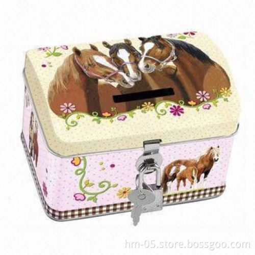 Cash Tin Can in Rectangle Shape, with Slot on the Lid and Lock on the Body